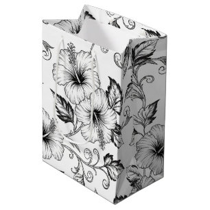 Elegant Black White Floral Line Art Pattern (3) Medium Gift Bag
