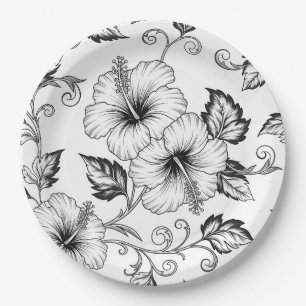 Elegant Black White Floral Line Art Pattern (3) Paper Plates