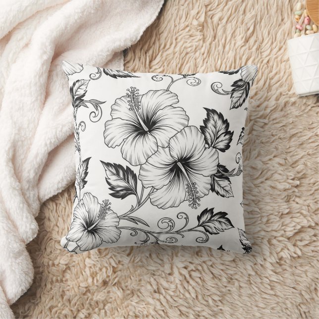 Elegant Black White Floral Line Art Pattern (3) Throw Pillow (Blanket)