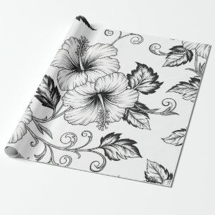 Elegant Black White Floral Line Art Pattern (3) Wrapping Paper
