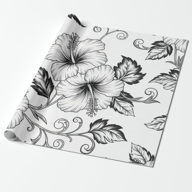 Elegant Black White Floral Line Art Pattern (3) Wrapping Paper (Unrolled)