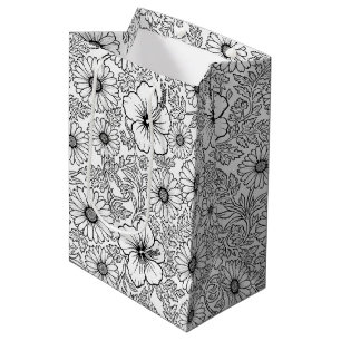Elegant Black White Floral Line Art Pattern (4) Medium Gift Bag