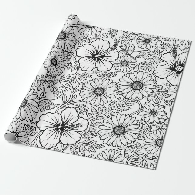 Elegant Black White Floral Line Art Pattern (4) Wrapping Paper (Unrolled)