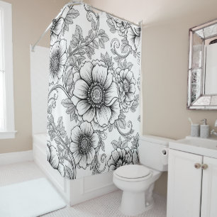 Elegant Black White Floral Line Art Pattern (5) Shower Curtain
