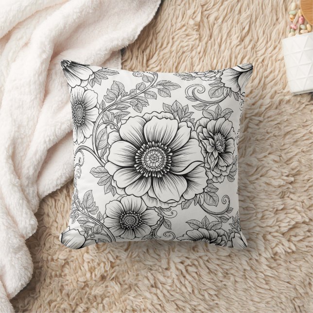 Elegant Black White Floral Line Art Pattern (5) Throw Pillow (Blanket)