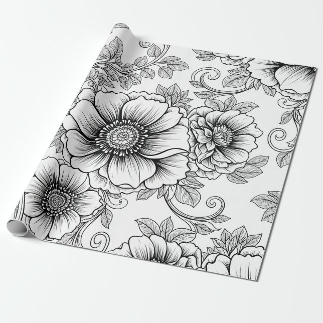 Elegant Black White Floral Line Art Pattern (5) Wrapping Paper (Unrolled)