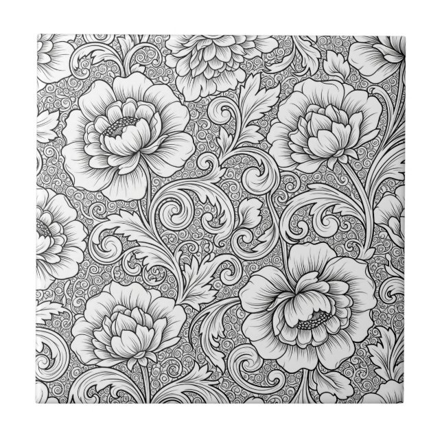 Elegant Black White Floral Line Art Pattern (6) Ceramic Tile (Front)