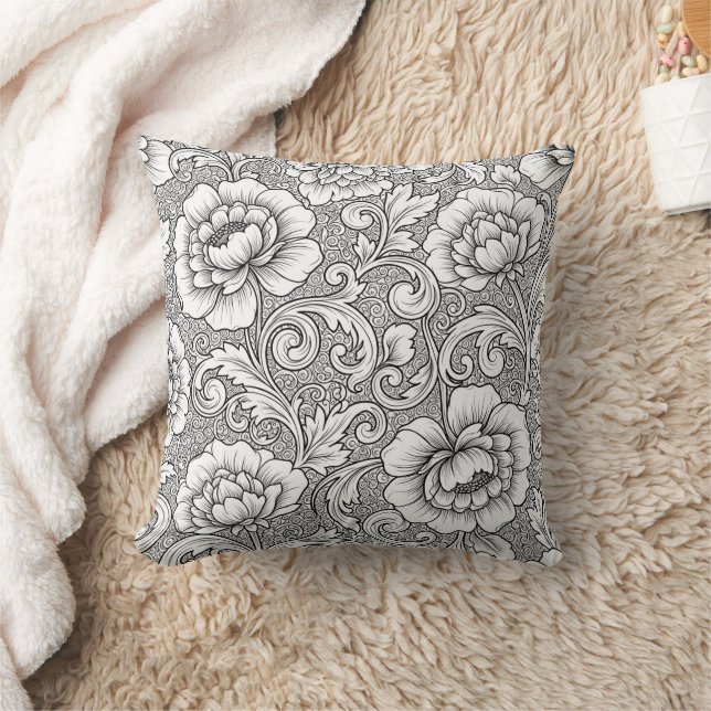 Elegant Black White Floral Line Art Pattern (6) Throw Pillow (Blanket)