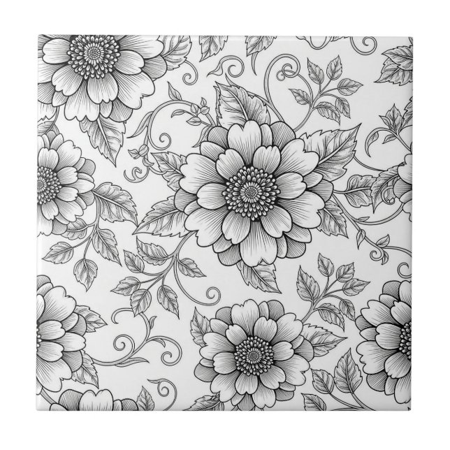 Elegant Black White Floral Line Art Pattern (7) Ceramic Tile (Front)