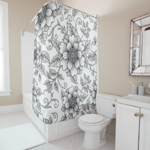 Elegant Black White Floral Line Art Pattern (7) Shower Curtain