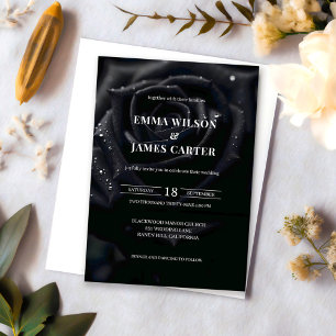 Elegant Black & White Floral Midnight Rose Wedding Invitation