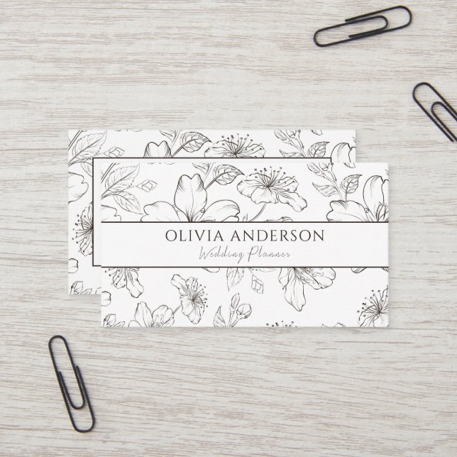 Elegant Black & White Floral Modern Line Art Business Card (Front/Back In Situ)