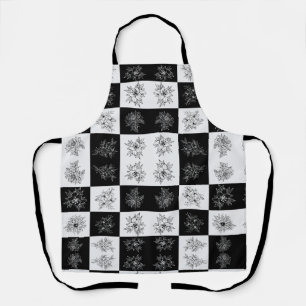 Elegant Black & White Floral Monochrome Checkered Apron