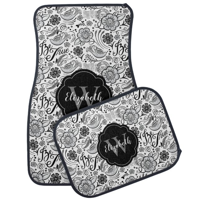 Elegant Black White Floral Monogram Car Floor Mat (Set)