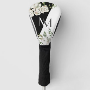 Elegant Black & White Floral Monogram Golf Head Cover