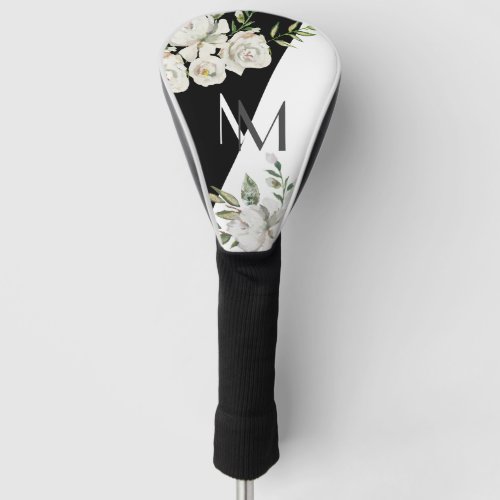 Elegant Black  White Floral Monogram Golf Head Cover