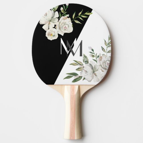 Elegant Black  White Floral Monogram Initials  Ping Pong Paddle