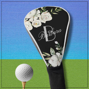 Elegant Black & White Floral Monogram Name Golf Head Cover
