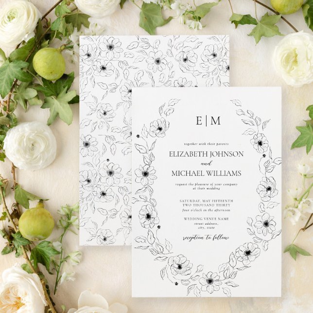 Elegant Black & White Floral Monogram Wedding Invitation (Easily personalize this floral wedding invite with your unique details for an elegant wedding)