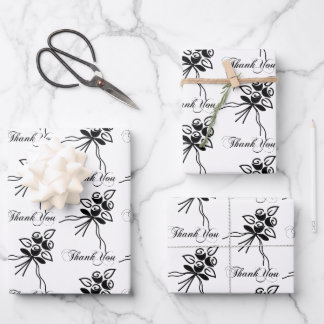Elegant Black/ White Floral Motif Thanks Occasion Wrapping Paper Sheets