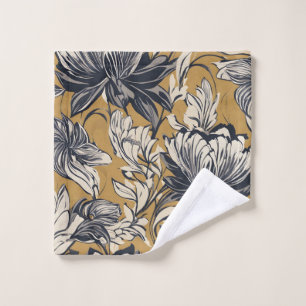 Elegant Black & White Floral Pattern on Mustard Go Bath Towel Set