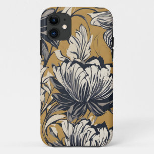 Elegant Black & White Floral Pattern on Mustard Go iPhone 11 Case