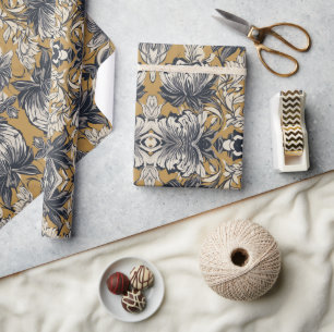 Elegant Black & White Floral Pattern on Mustard Go Wrapping Paper