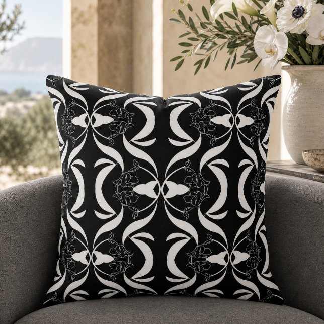 Elegant Black White Floral Pattern Style Throw Pillow (Creator Uploaded)