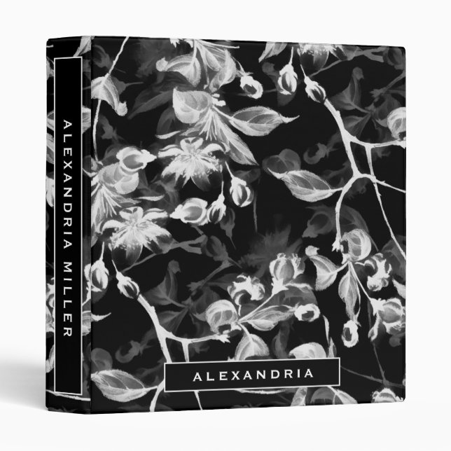 Elegant Black & White Floral | Personalized 3 Ring Binder (Front/Spine)