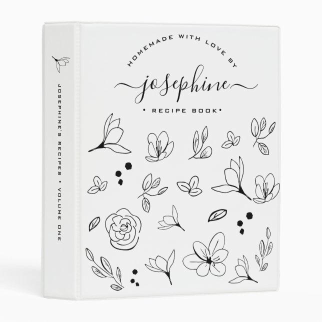 Elegant Black white floral personalized recipe Mini Binder (Front/Spine)