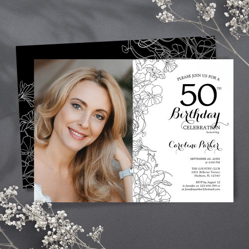 Elegant Black White Floral Photo 50th Birthday Invitation