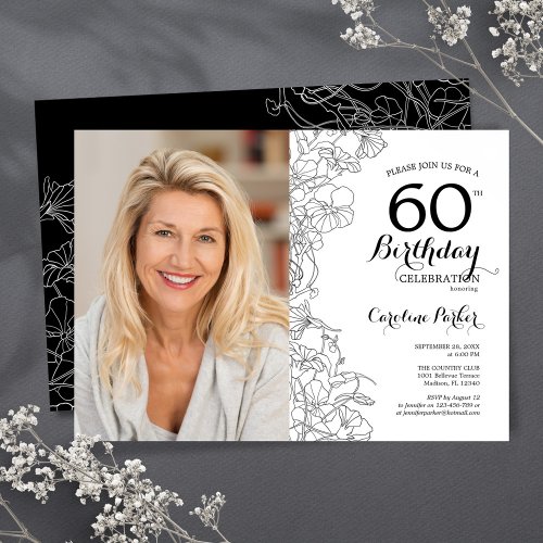 Elegant Black White Floral Photo 60th Birthday Invitation