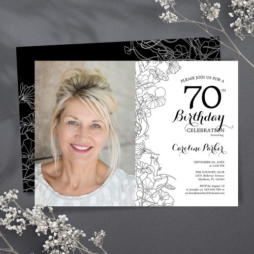 Elegant Black White Floral Photo 70th Birthday Invitation