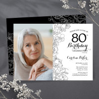 Elegant Black White Floral Photo 80th Birthday