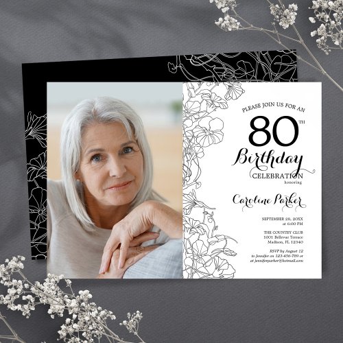 Elegant Black White Floral Photo 80th Birthday Invitation