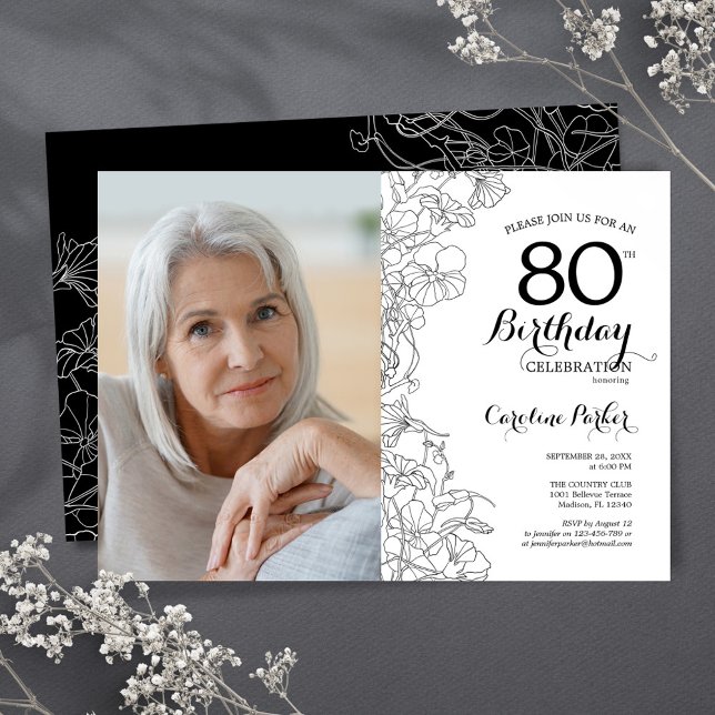 Elegant Black White Floral Photo 80th Birthday Invitation (Creator Uploaded)