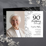 Elegant Black White Floral Photo 90th Birthday Invitation<br><div class="desc">Black white floral 90th birthday party invitation with your photo on the front of the card. Elegant modern design featuring botanical outline drawings accents, faux gold foil and typography script font. Simple trendy invite card perfect for a stylish female bday celebration. Can be customized to any age. Printed Zazzle invitations...</div>