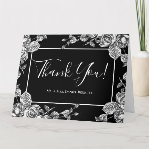 Elegant Black White Floral Photo Sentiment Thank You Card