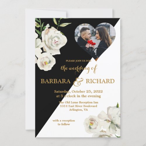 Elegant Black White Floral Photo Wedding  Invitation