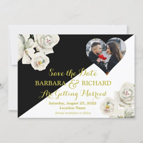Elegant Black White Floral Photo Wedding Save Date Invitation