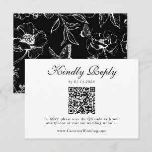 Elegant Black White Floral QR Code Wedding RSVP 