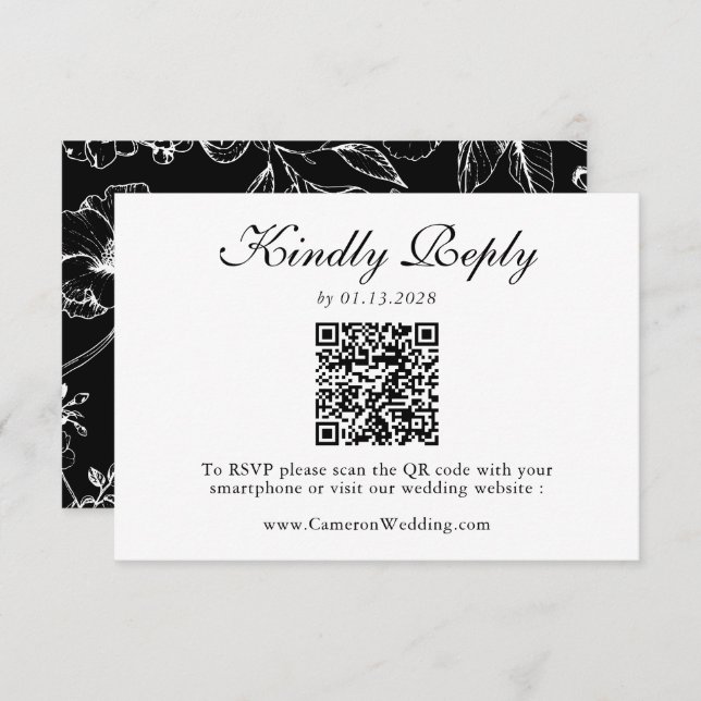 Elegant Black White Floral QR Code Wedding RSVP  (Front/Back)