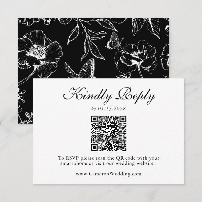 Elegant Black White Floral QR Code Wedding RSVP  Card (Front/Back)