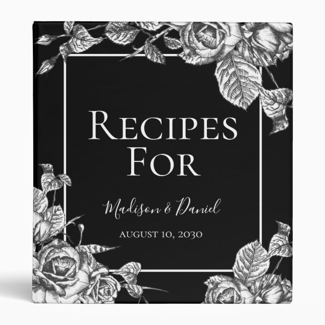 Elegant Black White Floral Recipe Binder (Front)