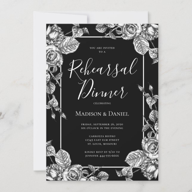 Elegant Black White Floral Rehearsal Dinner Invitation (Front)