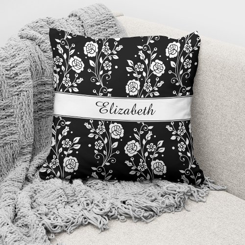 Elegant Black White Floral Rose Pattern Throw Pillow