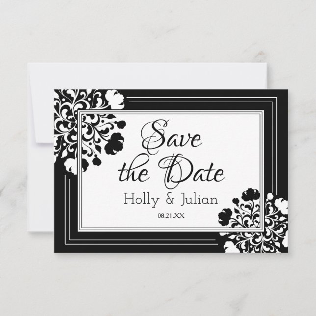 Elegant Black & White Floral Save the Date Card (Front)