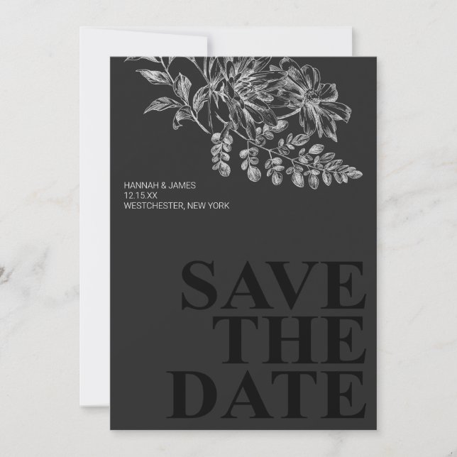 Elegant Black White Floral Save the Date Invitation (Front)
