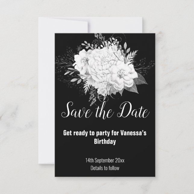 ELEGANT BLACK WHITE FLORAL SAVE THE DATE RSVP CARD (Front)