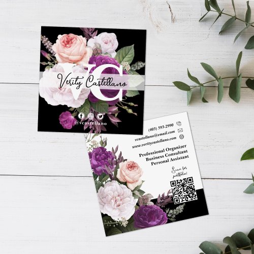 Elegant Black  White Floral Simple Personal Square Business Card
